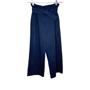 Cotton On Tailored Paperbag Wide Leg Pants 4 Pockets Cropped Navy Tie Waist